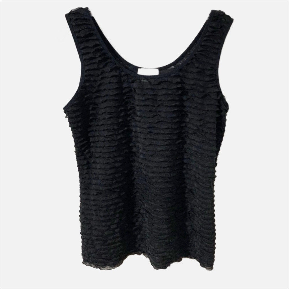 Kate Hill Ruffled Front and Back Scoop Neck Black Sleeveless Tank Top Camisole